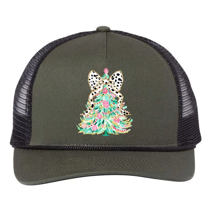 Floral Christmas Tree Leopard Coquette Bow Christmas Tree Sweat Retro Rope Trucker Hat Cap