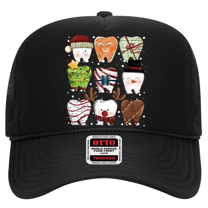 Funny Christmas Teeth Dental Dentist Santa Reindeer Snowman Gingerbread High Crown Mesh Trucker Hat