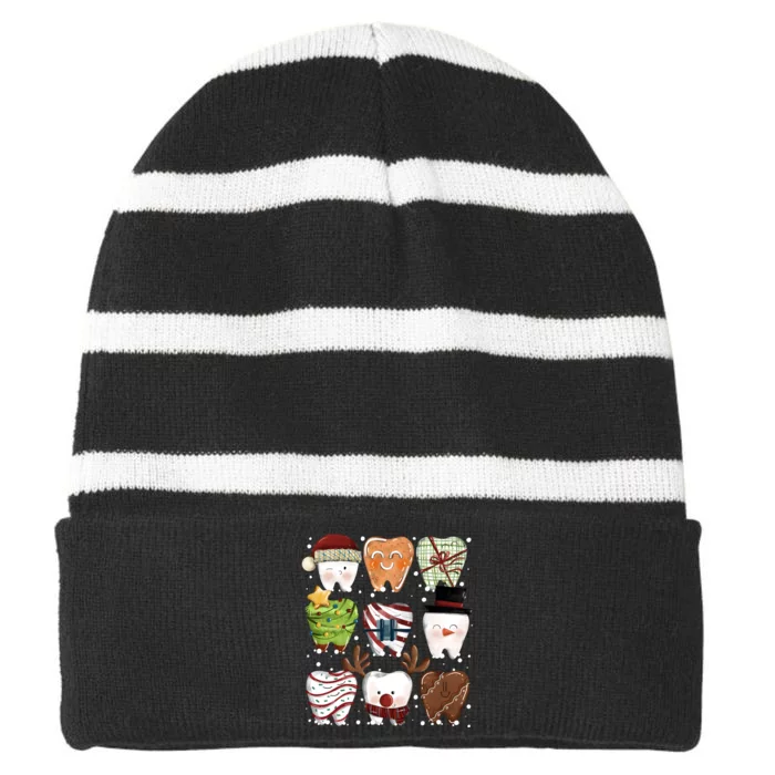 Funny Christmas Teeth Dental Dentist Santa Reindeer Snowman Gingerbread Striped Beanie with Solid Band