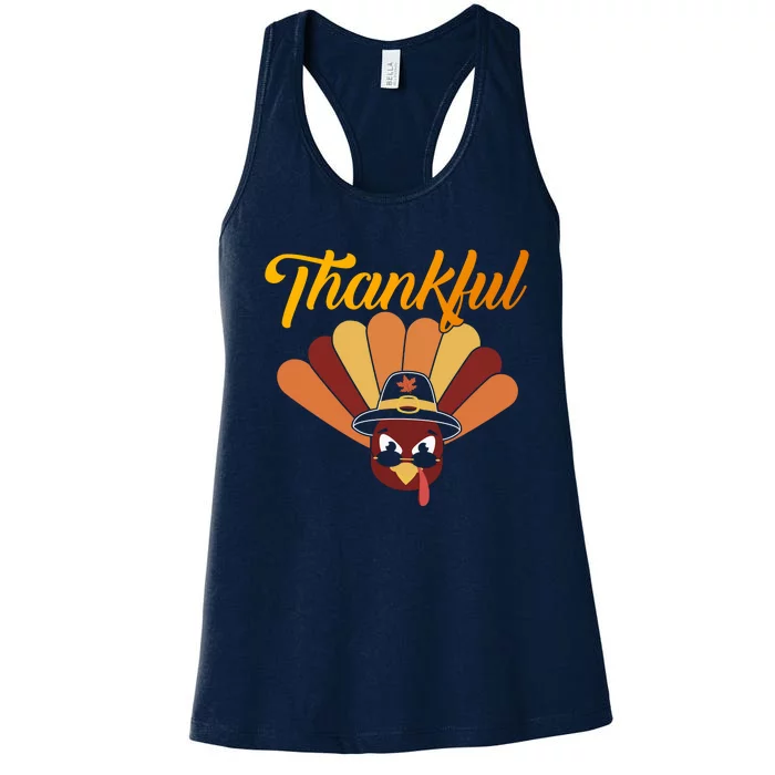 Funny Cute Thankful Turkey Faces, Thankful Pumpkin Pie Thanksgiving Women's Racerback Tank