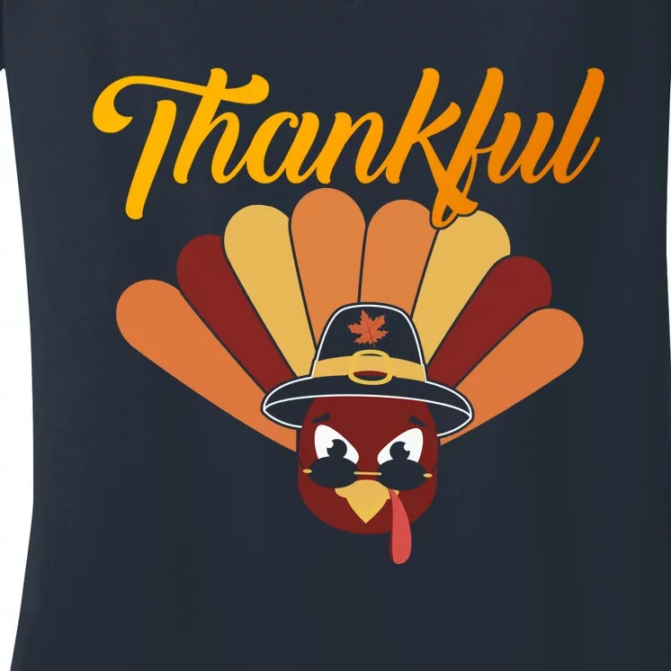 Funny Cute Thankful Turkey Faces, Thankful Pumpkin Pie Thanksgiving Women's V-Neck T-Shirt