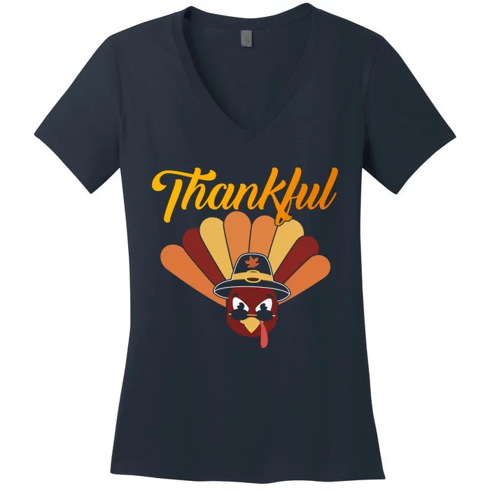 Funny Cute Thankful Turkey Faces, Thankful Pumpkin Pie Thanksgiving Women's V-Neck T-Shirt