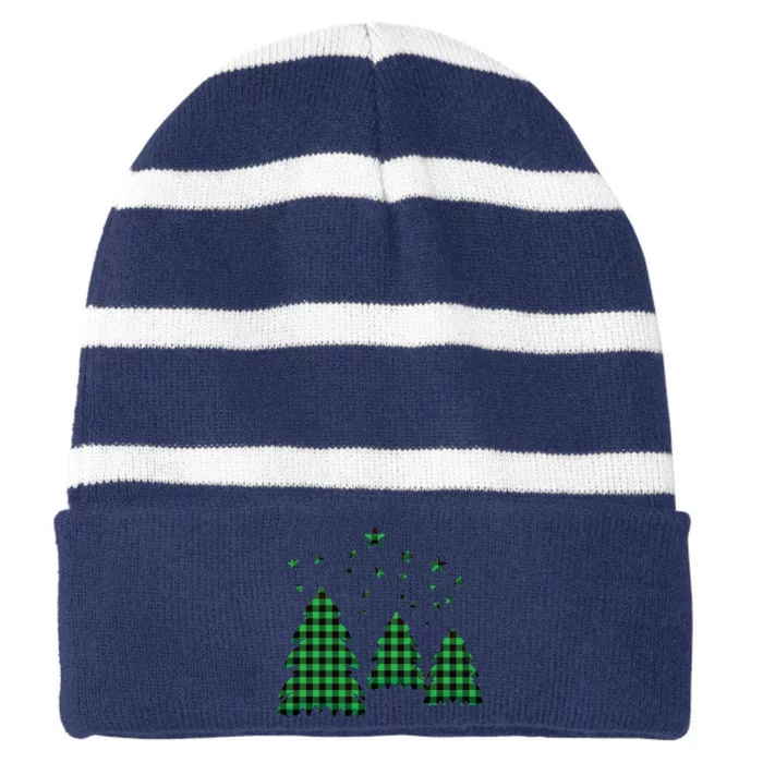 Festive Christmas Trees Pattern Striped Beanie with Solid Band