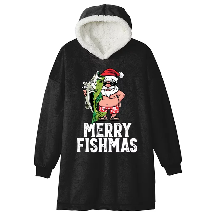 Funny Christmas Themed Bass Fishing Gift Merry Fishmas Hooded Wearable Blanket