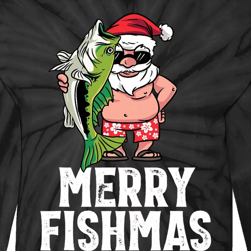 Funny Christmas Themed Bass Fishing Gift Merry Fishmas Tie-Dye Long Sleeve Shirt