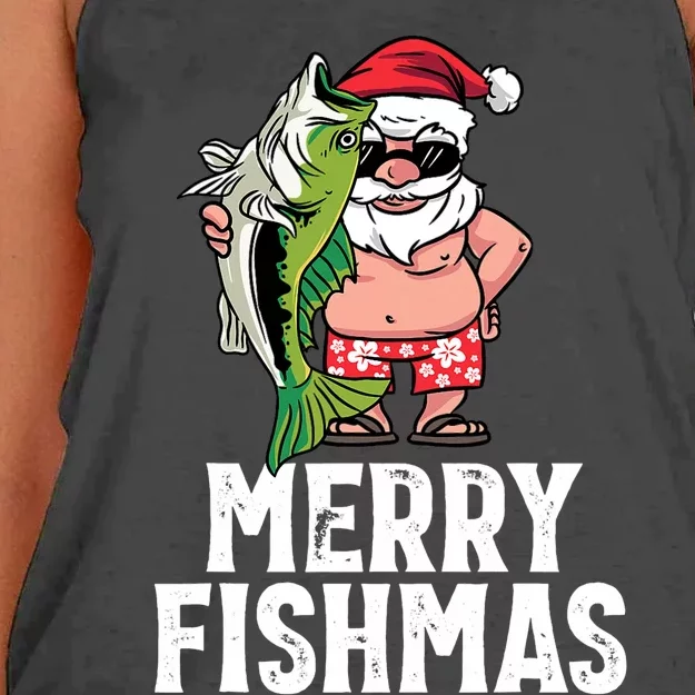 Funny Christmas Themed Bass Fishing Gift Merry Fishmas Women's Knotted Racerback Tank