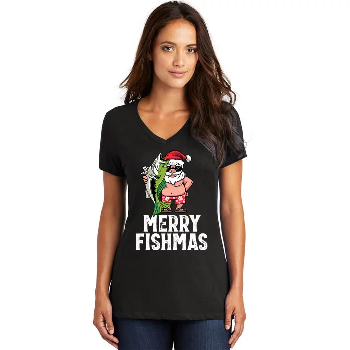 Funny Christmas Themed Bass Fishing Gift Merry Fishmas Women's V-Neck T-Shirt