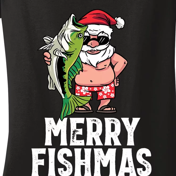 Funny Christmas Themed Bass Fishing Gift Merry Fishmas Women's V-Neck T-Shirt