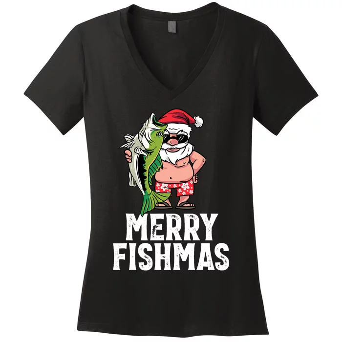 Funny Christmas Themed Bass Fishing Gift Merry Fishmas Women's V-Neck T-Shirt