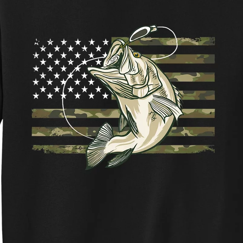 Fishing Camouflage Us American Flag Bass Fish Fisherman Camo Tall Sweatshirt