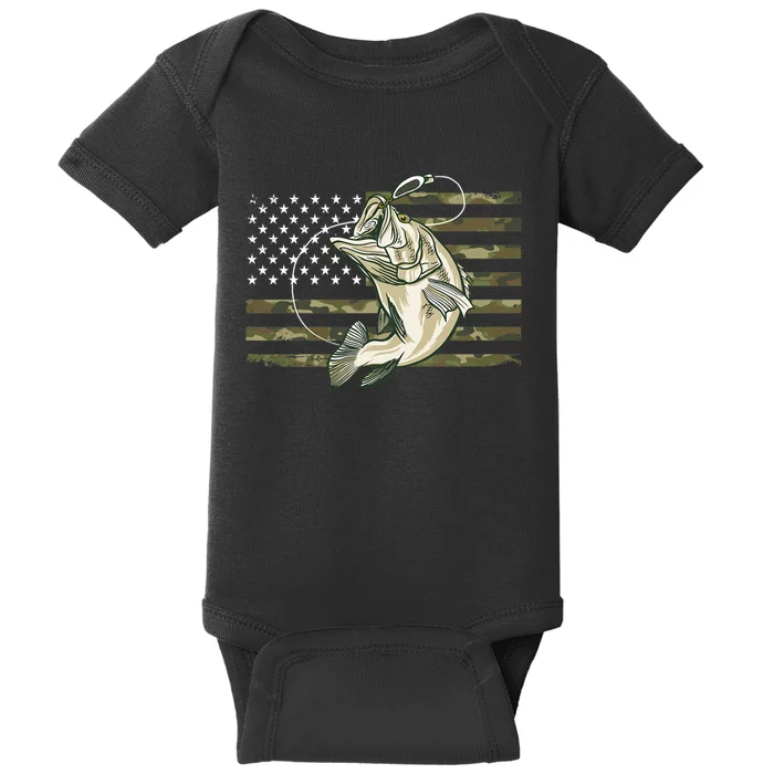 Fishing Camouflage Us American Flag Bass Fish Fisherman Camo Baby Bodysuit