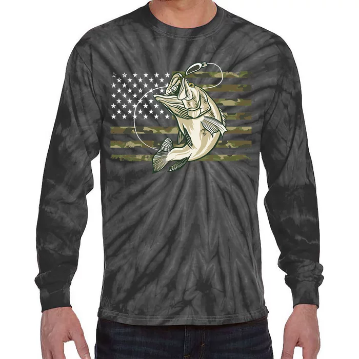 Fishing Camouflage Us American Flag Bass Fish Fisherman Camo Tie-Dye Long Sleeve Shirt