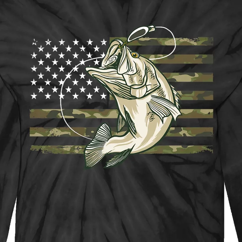 Fishing Camouflage Us American Flag Bass Fish Fisherman Camo Tie-Dye Long Sleeve Shirt