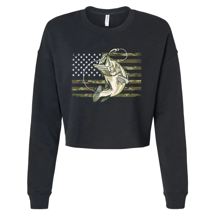 Fishing Camouflage Us American Flag Bass Fish Fisherman Camo Cropped Pullover Crew