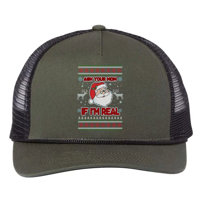 Funny Christmas Ugly Sweater Santa Ask Your Mom If I'm Real Retro Rope Trucker Hat Cap