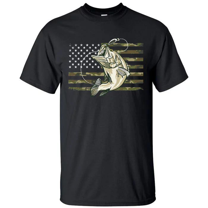 Fishing Camouflage Us American Flag Bass Fish Fisherman Camo Tall T-Shirt