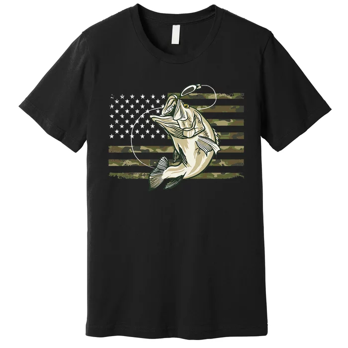 Fishing Camouflage Us American Flag Bass Fish Fisherman Camo Premium T-Shirt