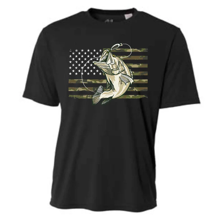 Fishing Camouflage US American Flag Bass Fish Fisherman Camo Cooling Performance Crew T-Shirt