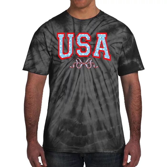 Funny Coquette Usa Cute Bow American 4th Of July Tie-Dye T-Shirt