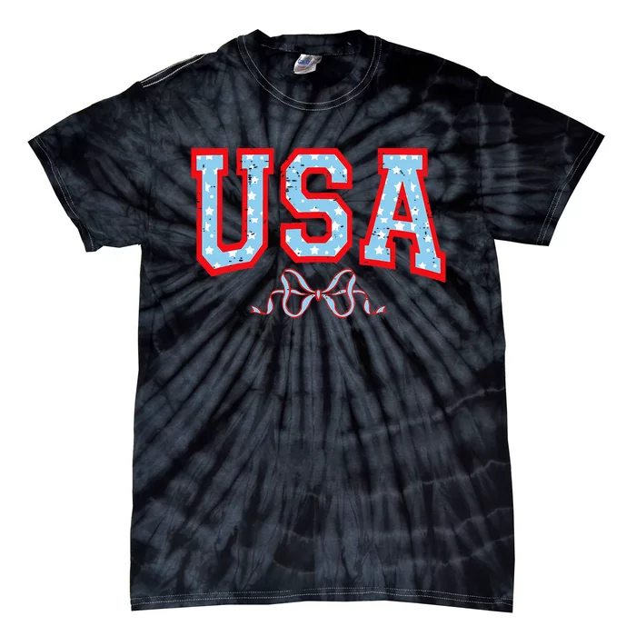 Funny Coquette Usa Cute Bow American 4th Of July Tie-Dye T-Shirt