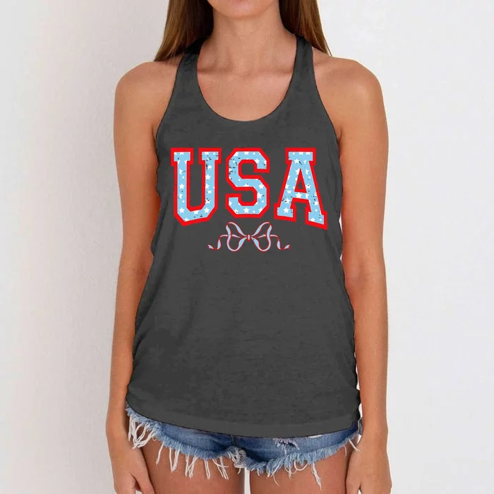 Funny Coquette Usa Cute Bow American 4th Of July Women's Knotted Racerback Tank