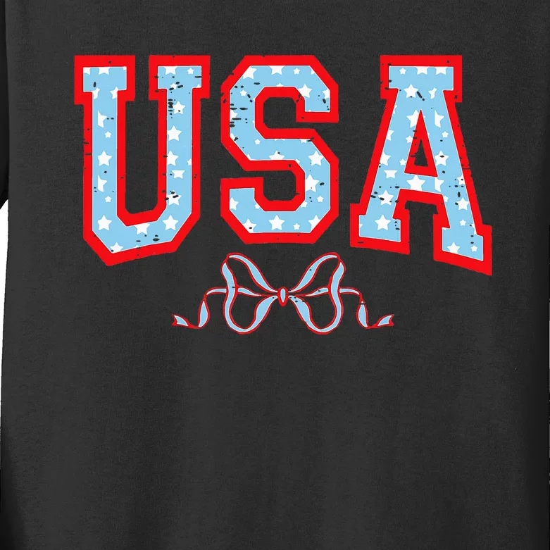 Funny Coquette Usa Cute Bow American 4th Of July Kids Long Sleeve Shirt