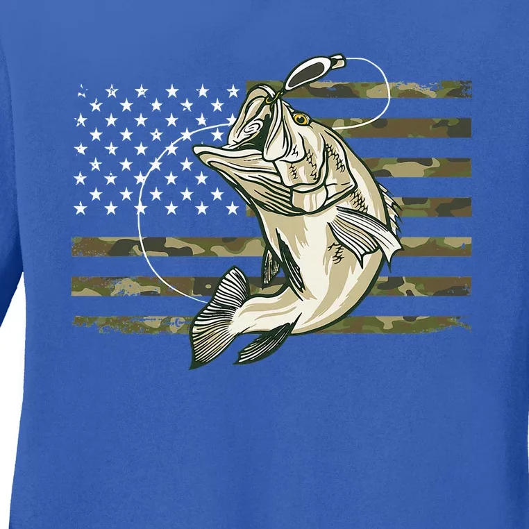 Fishing Camouflage US American Flag Bass Fish Fisherman Camo Ladies Long Sleeve Shirt