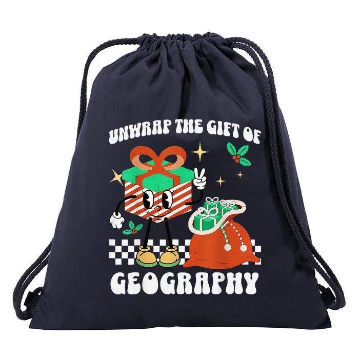 Funny Christmas Unwrap Geography Teacher Educator Quote Drawstring Bag