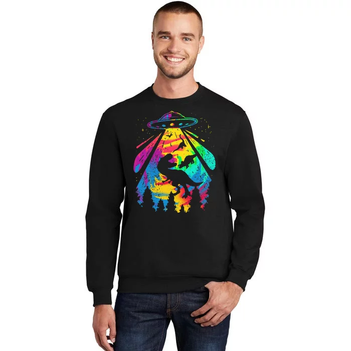 Funny Colorful Ufo Alien Trex Dinosaurs Abduction Tall Sweatshirt