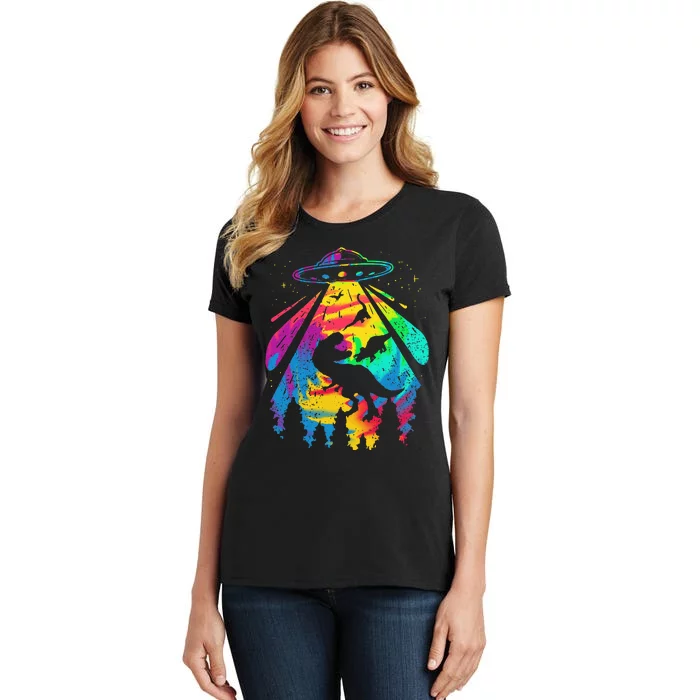 Funny Colorful Ufo Alien Trex Dinosaurs Abduction Women's T-Shirt