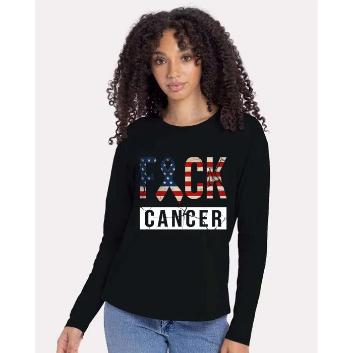 F*ck Cancer USA American Flag Ribbon Womens Cotton Relaxed Long Sleeve T-Shirt