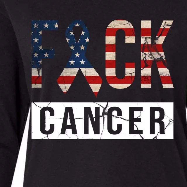 F*ck Cancer USA American Flag Ribbon Womens Cotton Relaxed Long Sleeve T-Shirt