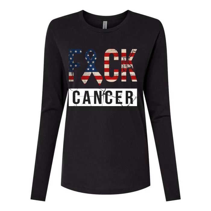 F*ck Cancer USA American Flag Ribbon Womens Cotton Relaxed Long Sleeve T-Shirt