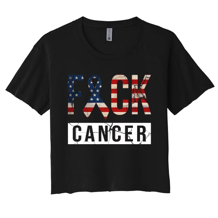 F*ck Cancer USA American Flag Ribbon Women's Crop Top Tee