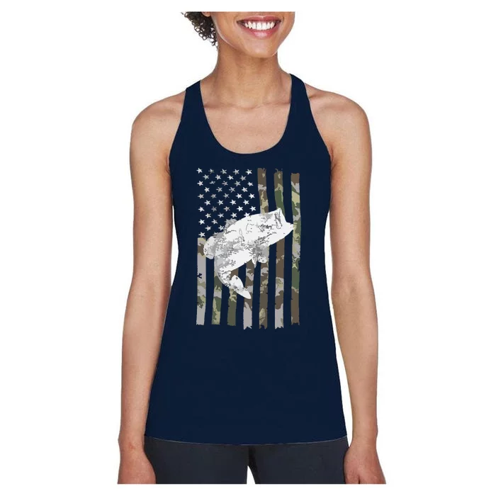 Fishing Camouflage US American Flag Bass Fish Fisherman Camo Women's Racerback Tank