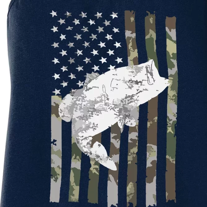 Fishing Camouflage US American Flag Bass Fish Fisherman Camo Women's Racerback Tank