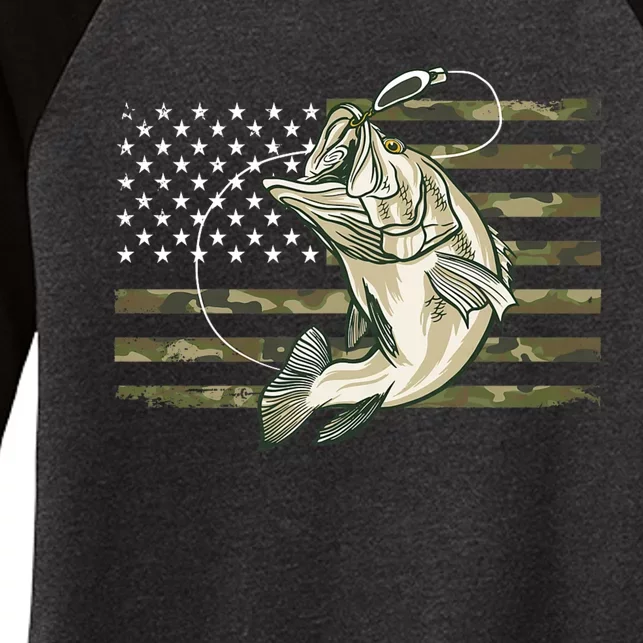 Fishing Camouflage Us American Flag Bass Fish Fisherman Camo Women's Tri-Blend 3/4-Sleeve Raglan Shirt