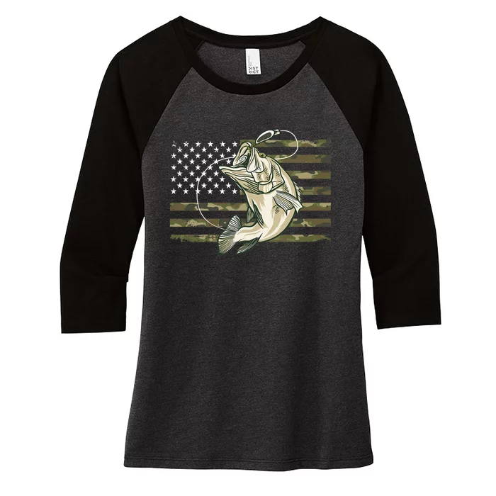 Fishing Camouflage Us American Flag Bass Fish Fisherman Camo Women's Tri-Blend 3/4-Sleeve Raglan Shirt