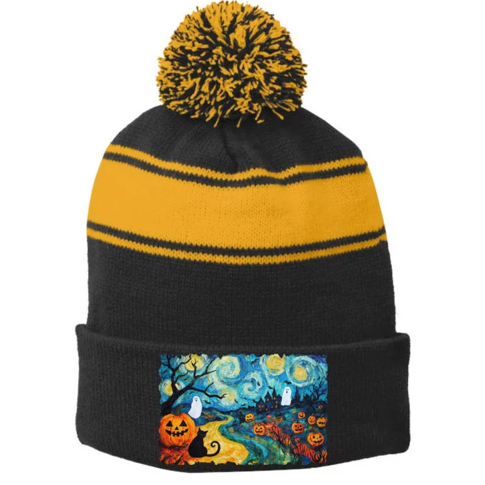 Funny Classic Van Gogh Inspired Halloween Scene Stripe Pom Pom Beanie