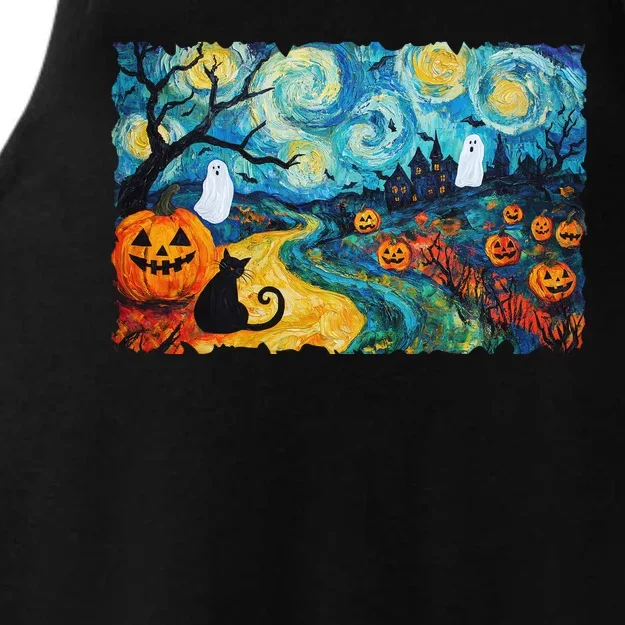 Funny Classic Van Gogh Inspired Halloween Scene Ladies Tri-Blend Wicking Tank