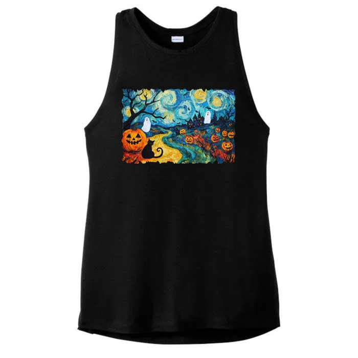 Funny Classic Van Gogh Inspired Halloween Scene Ladies Tri-Blend Wicking Tank