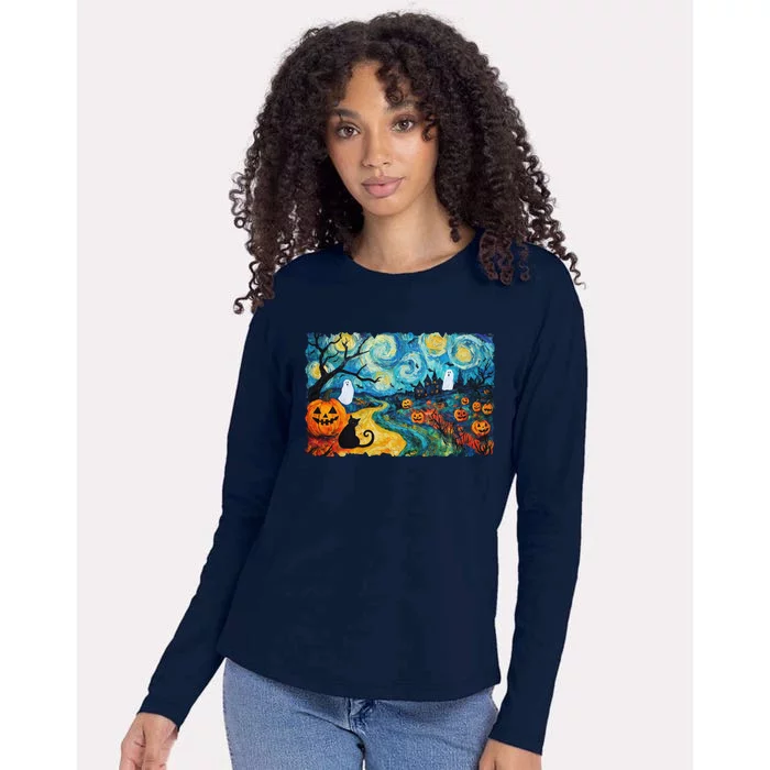 Funny Classic Van Gogh Inspired Halloween Scene Womens Cotton Relaxed Long Sleeve T-Shirt