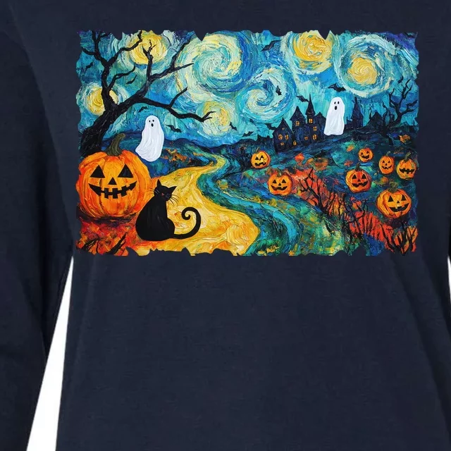 Funny Classic Van Gogh Inspired Halloween Scene Womens Cotton Relaxed Long Sleeve T-Shirt