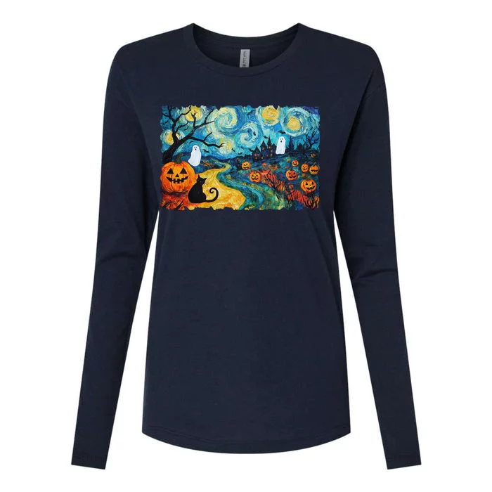 Funny Classic Van Gogh Inspired Halloween Scene Womens Cotton Relaxed Long Sleeve T-Shirt