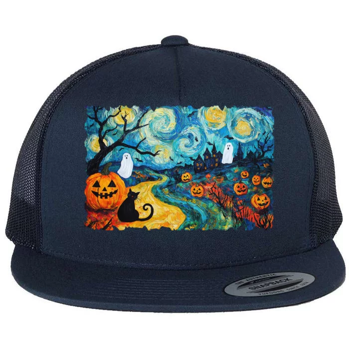 Funny Classic Van Gogh Inspired Halloween Scene Flat Bill Trucker Hat