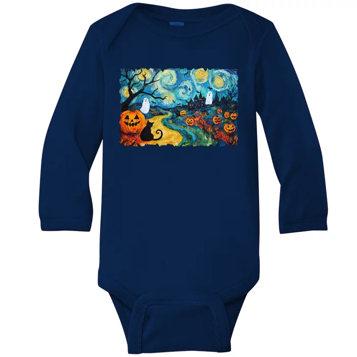 Funny Classic Van Gogh Inspired Halloween Scene Baby Long Sleeve Bodysuit