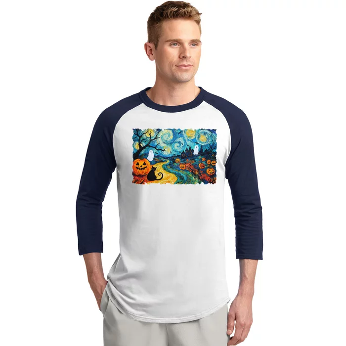 Funny Classic Van Gogh Inspired Halloween Scene Baseball Sleeve Shirt