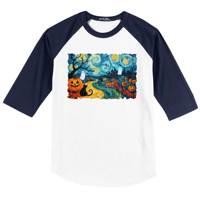 Funny Classic Van Gogh Inspired Halloween Scene Baseball Sleeve Shirt