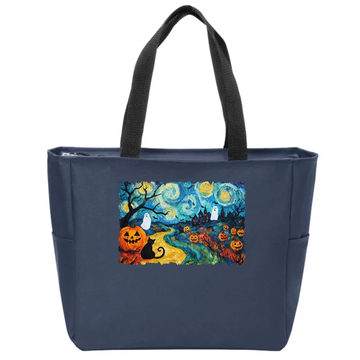 Funny Classic Van Gogh Inspired Halloween Scene Zip Tote Bag