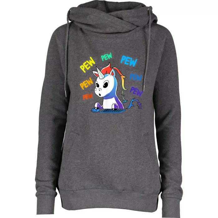 Funny Cute Video Gaming Rainbow Unicorn Pew Pew Womens Funnel Neck Pullover Hood